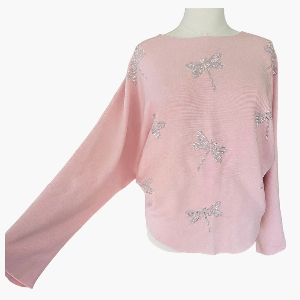 Catherine Malandrino Embellished Sweater – XL – Rhinestone Dragonfly Design